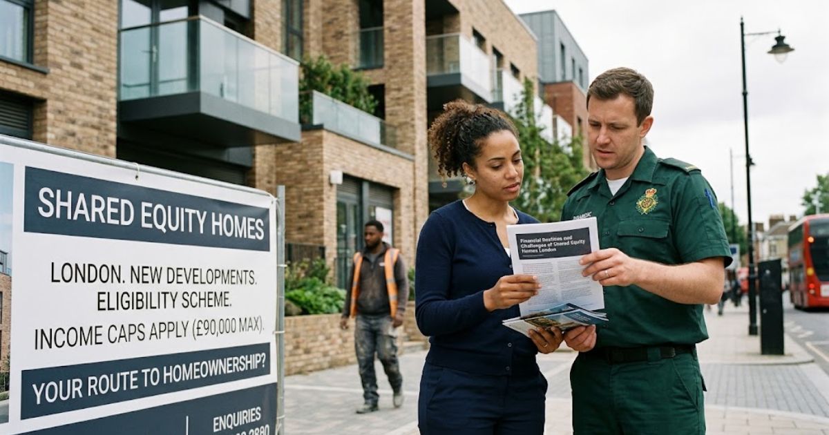 "A woman and a paramedic reviewing informational documents outside a modern development for Shared Equity Homes London."