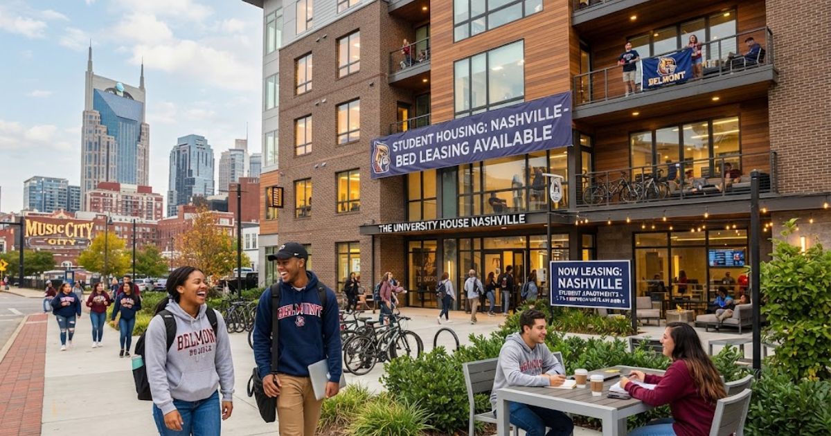 Modern off-campus student housing apartment building near campus in Nashville with college students walking outside.