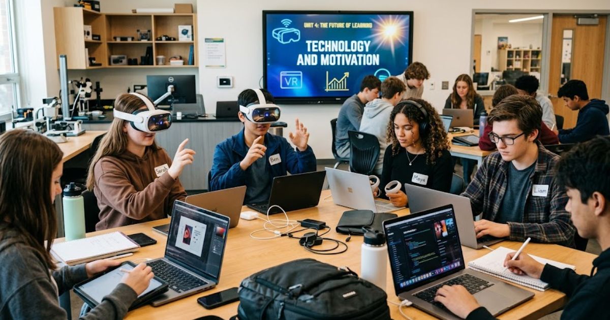 Students using VR headsets, laptops, and digital tools in a classroom for Technology and Motivation learning.