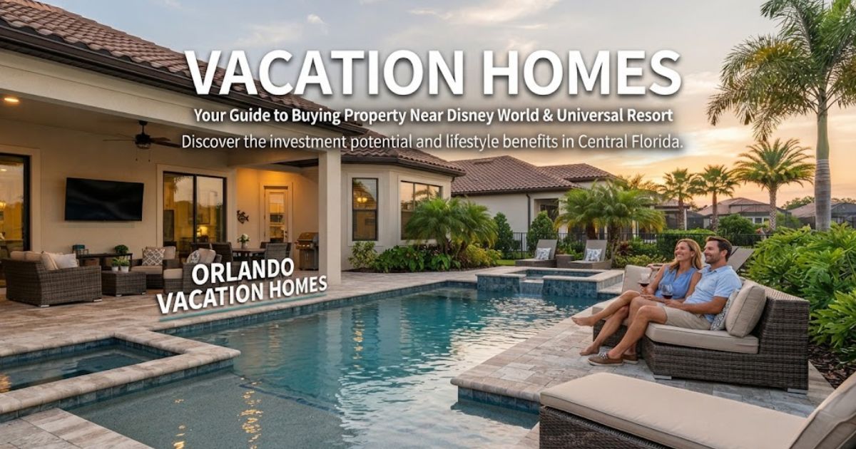 Realistic photo of a poolside resort patio at an Orlando vacation home with text overlay reading "Vacation Homes.