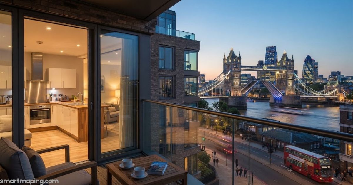 Aldgate Marlin Apartments interior with a view of Tower Bridge and the London skyline.