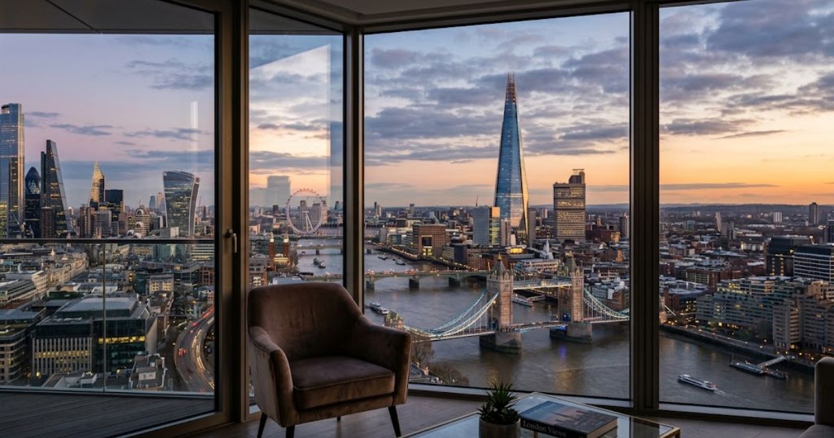 Apartment skyline view of London’s cityscape, featuring Tower Bridge and The Shard through floor-to-ceiling windows at sunset.