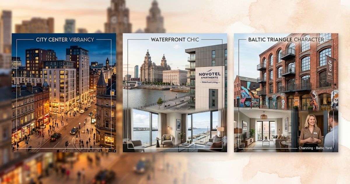 Apartments Liverpool city centre, waterfront, and Baltic Triangle featuring modern residential buildings, stylish apartment interiors, and vibrant urban living.