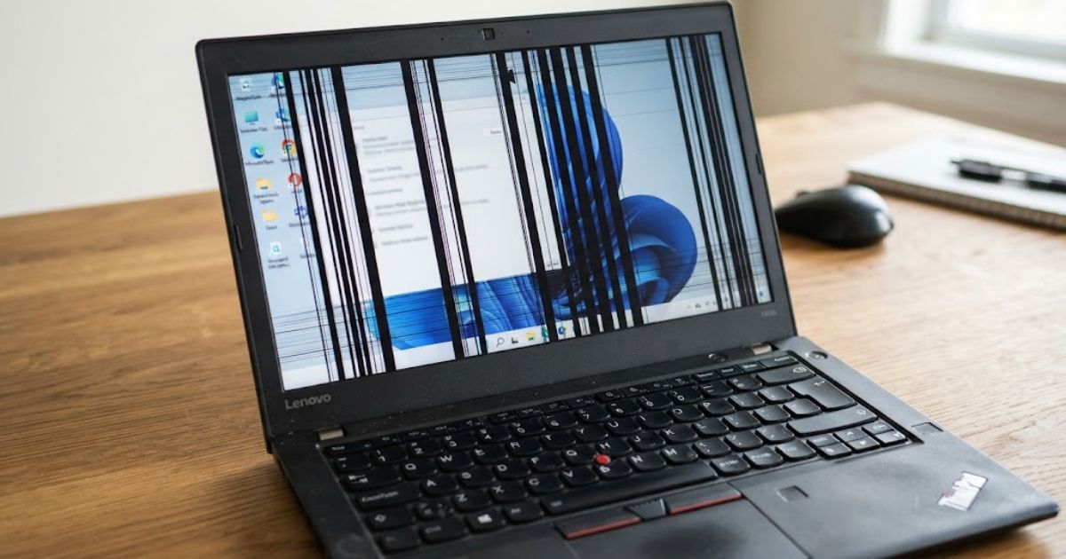 black lines on laptop screen lenovo — Lenovo laptop with multiple black vertical lines across the damaged display.