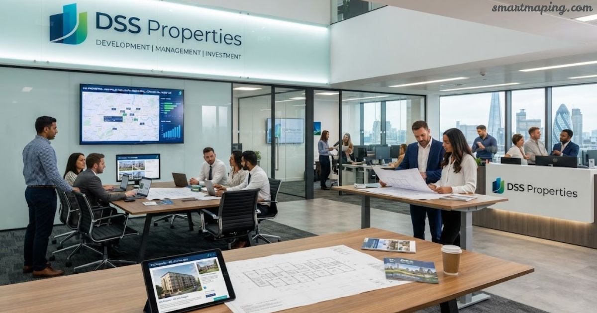 DSS Properties modern real estate office with employees reviewing property plans, investment data, and development projects in a professional workspace.