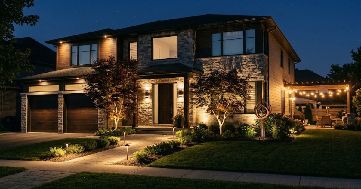 Exterior home lighting illuminating a modern stone house with warm wall sconces, pathway lights, garden spotlights, and patio string lights.
