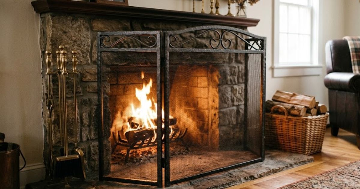 Black metal mesh fireplace screen in front of a rustic stone fireplace in a cozy living room.