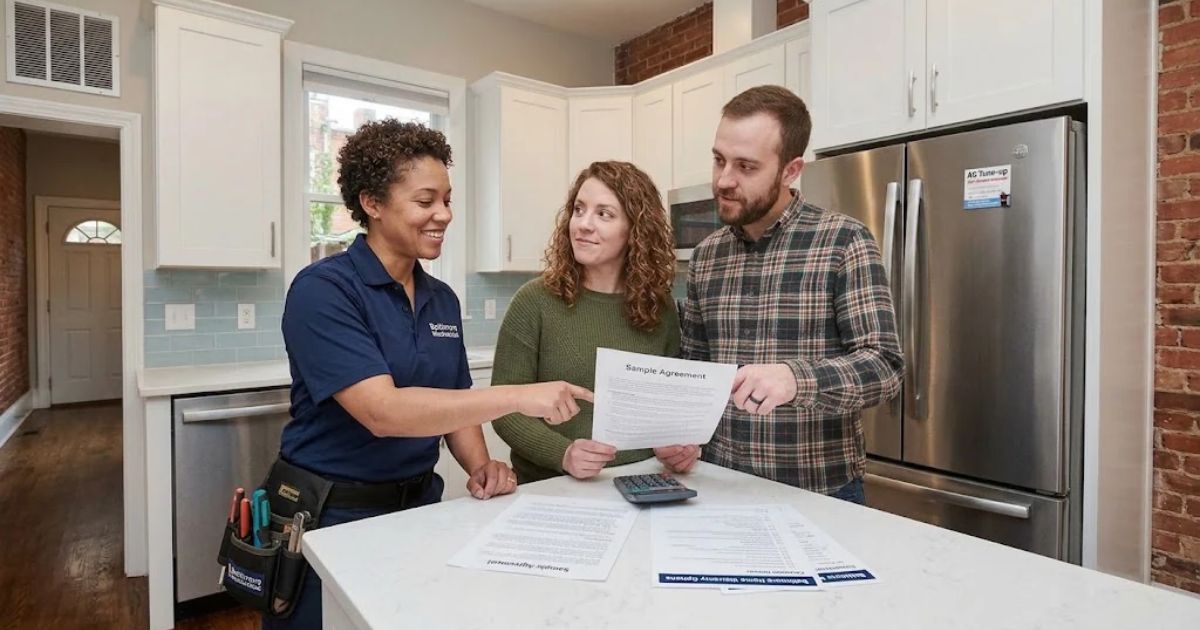 Home warranty specialist explaining a sample agreement to homeowners in a modern kitchen.