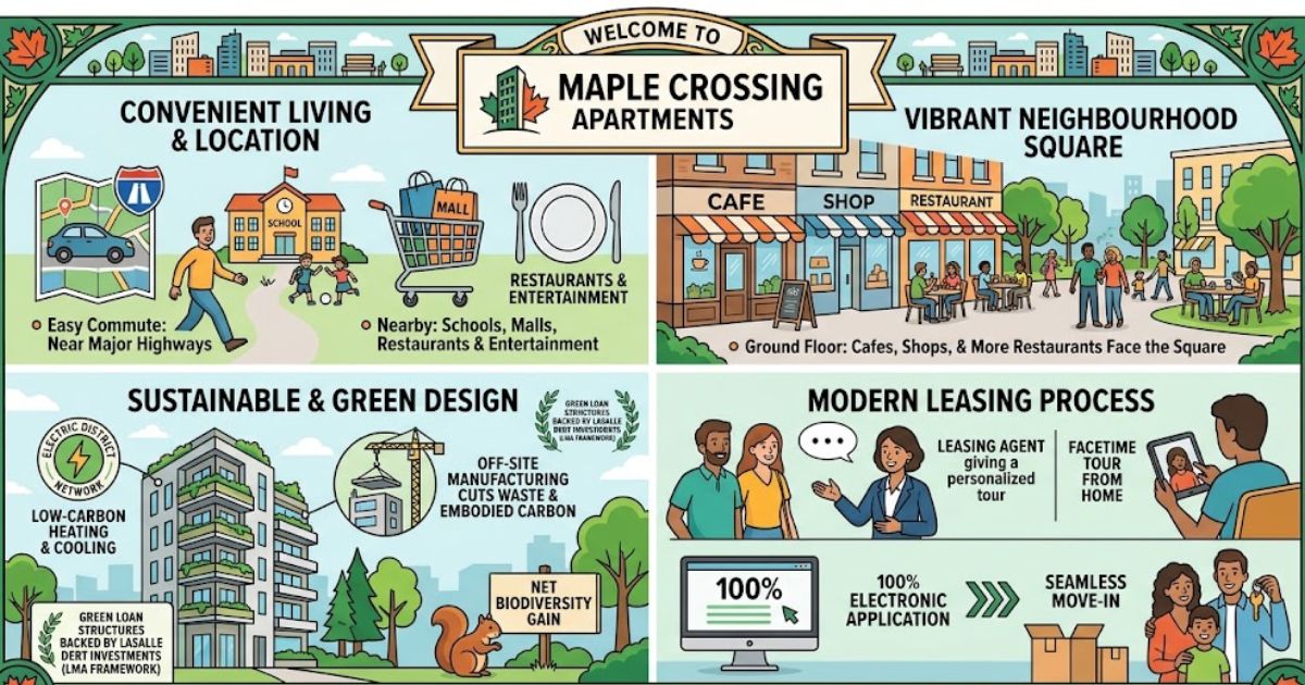 Maple Crossing Apartments infographic highlighting convenient location, sustainable design, nearby shops, modern leasing, and community amenities.