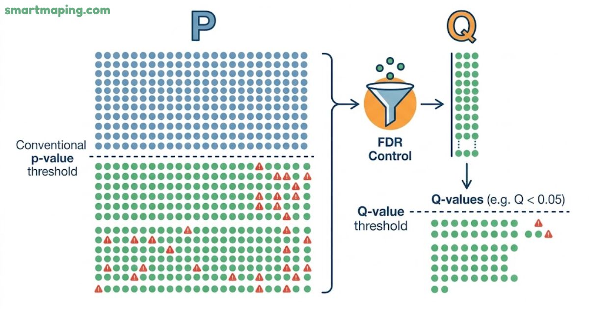 Q significant infographic comparing conventional p-value thresholds with Q-values for false discovery rate (FDR) control and multiple testing.