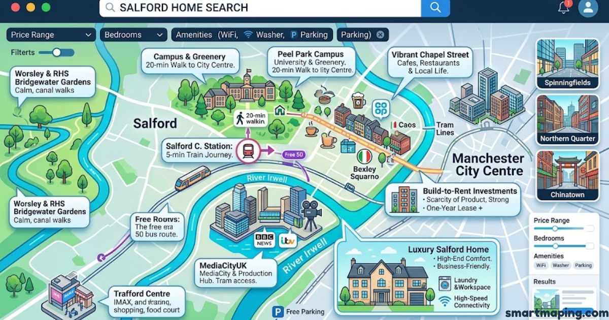 Salford home search map highlighting residential areas, nearby amenities, transport links, and property investment opportunities.