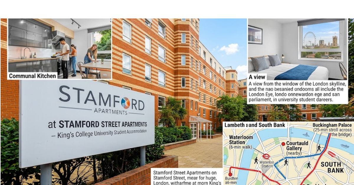 Stamford Apartments London student accommodation featuring the building exterior, communal kitchen, furnished bedroom with London skyline views