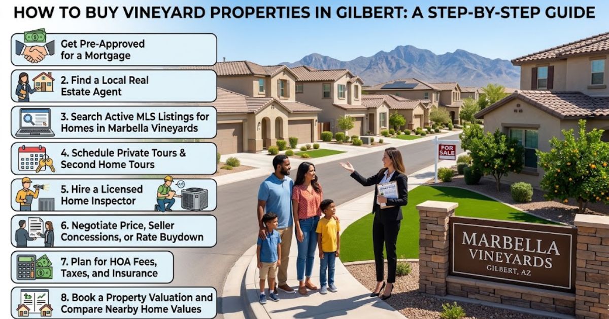 Guide to buying Vineyard Properties in Gilbert, Arizona, with a real estate agent showing homes in the Marbella Vineyards neighborhood.