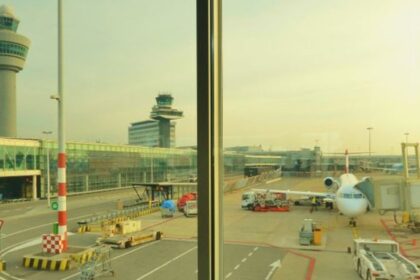 Airport terminal and control tower view near Heathrow airport lost property desk