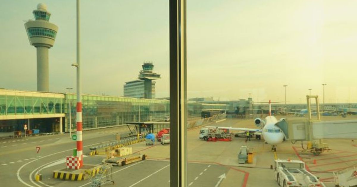 Airport terminal and control tower view near Heathrow airport lost property desk