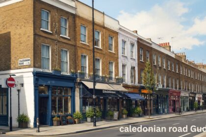 Caledonian Road in London with traditional brick buildings, shops, and a clear street view