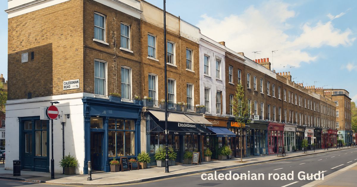 Caledonian Road in London with traditional brick buildings, shops, and a clear street view
