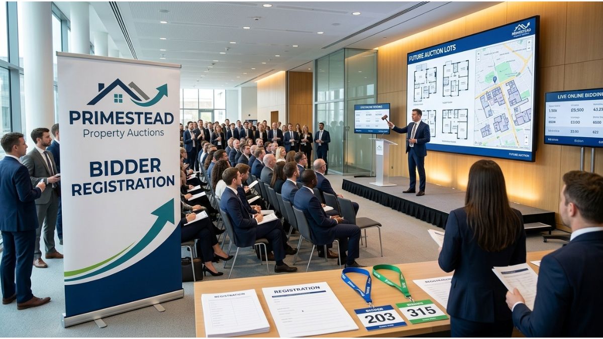 Professional modern hall setup with attendees, registration desk, and an auctioneer during future property auctions event.
