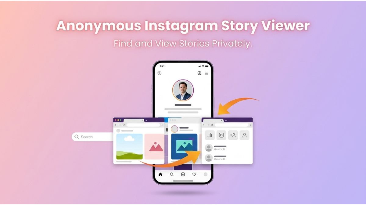A clean, premium graphic illustrating a mobile phone showing an Instagram story viewer interface.
