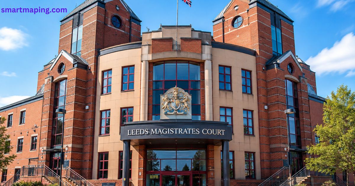 Leeds Magistrates Court ki mukammal imarat ka view, jis mein brick facade, bada glass entrance aur baradari nishan (Royal Coat of Arms) dikhai de raha hai. Ye image Leeds mein qanooni khidmaat ko dikhati hai.