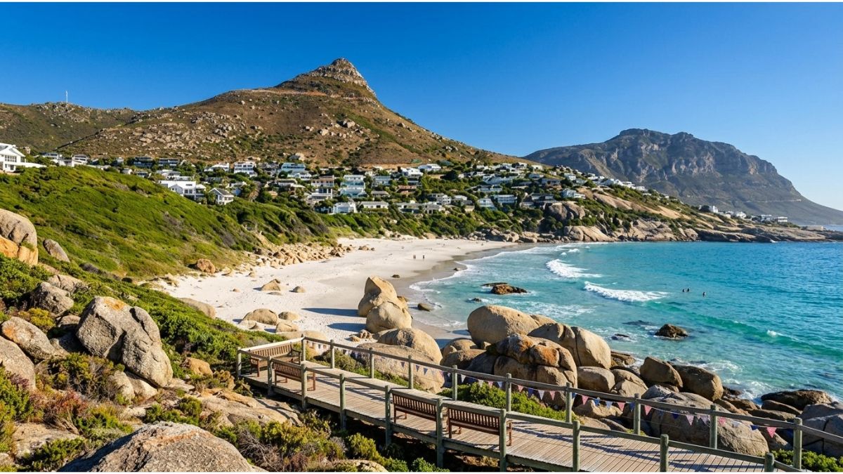 Wooden boardwalk leading to white sand beach and turquoise water at Llandudno Beach in Cape Town with coastal mountain background.