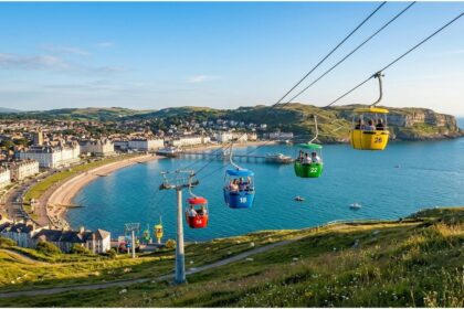A unique view of several colorful Llandudno cable car cabins descending the Great Orme towards the North Wales coast.