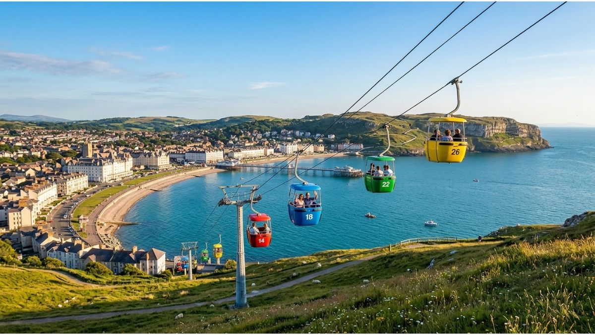 A unique view of several colorful Llandudno cable car cabins descending the Great Orme towards the North Wales coast.