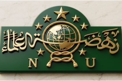logonu 3D green and gold logo NU Nahdlatul Ulama featuring globe, stars, and Arabic calligraphy