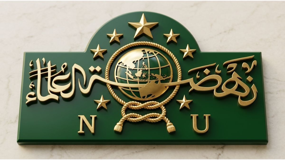 logonu 3D green and gold logo NU Nahdlatul Ulama featuring globe, stars, and Arabic calligraphy