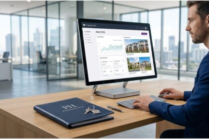 Man reviewing a digital property file and real estate dashboard on a computer screen in a modern office, with a physical property file folder on the desk.