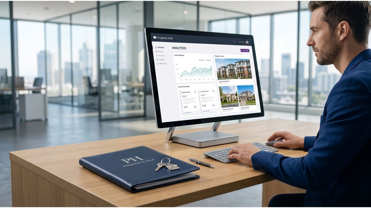 Man reviewing a digital property file and real estate dashboard on a computer screen in a modern office, with a physical property file folder on the desk.