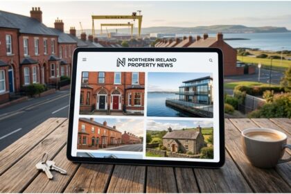 A desk with keys and a newspaper featuring a Harland and Wolff background, representing Property News NI.