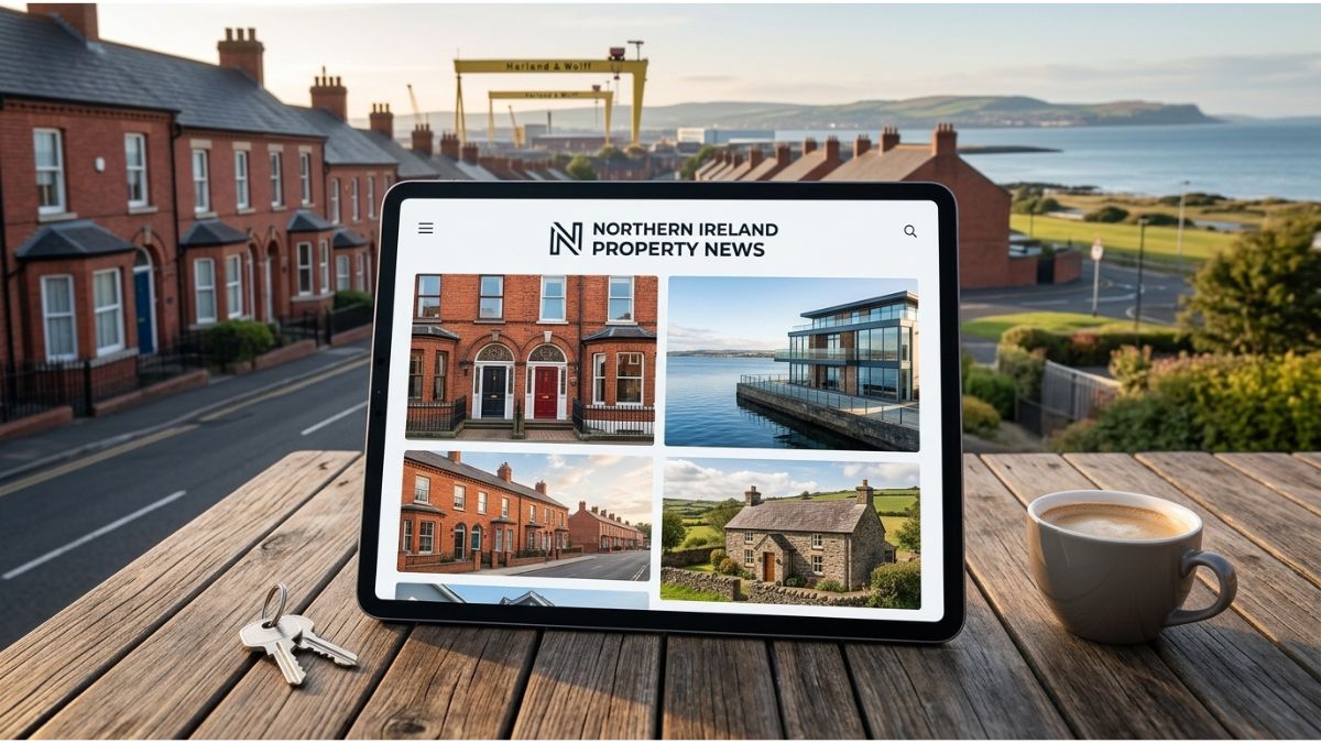 A desk with keys and a newspaper featuring a Harland and Wolff background, representing Property News NI.