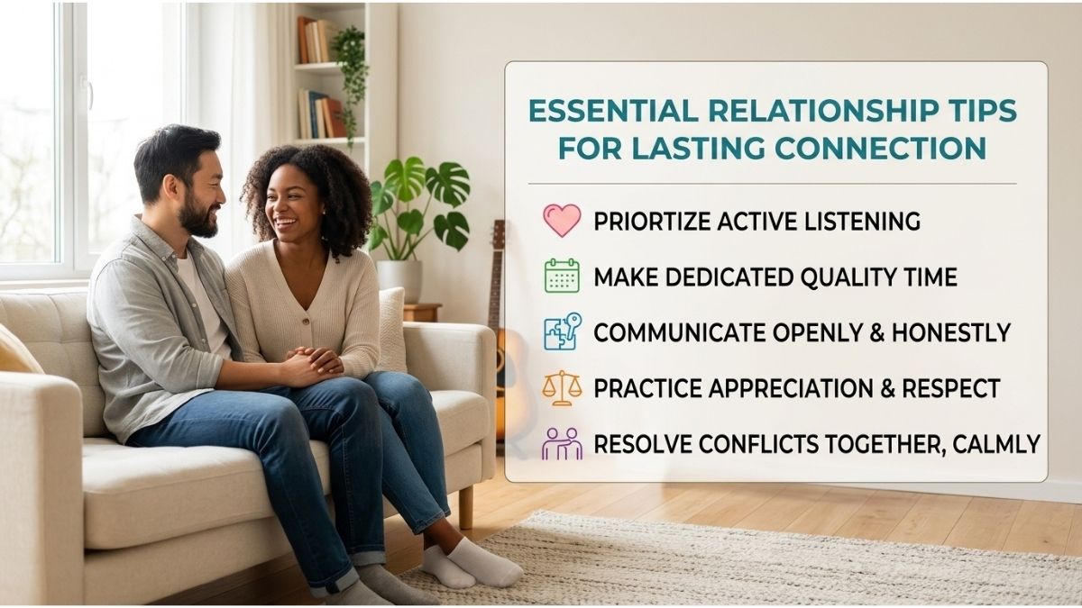 Relationship tips for lasting connection, including active listening, quality time, open communication, appreciation, respect, and conflict resolution.
