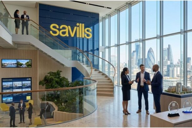 Savills office in London with property professionals and city skyline view