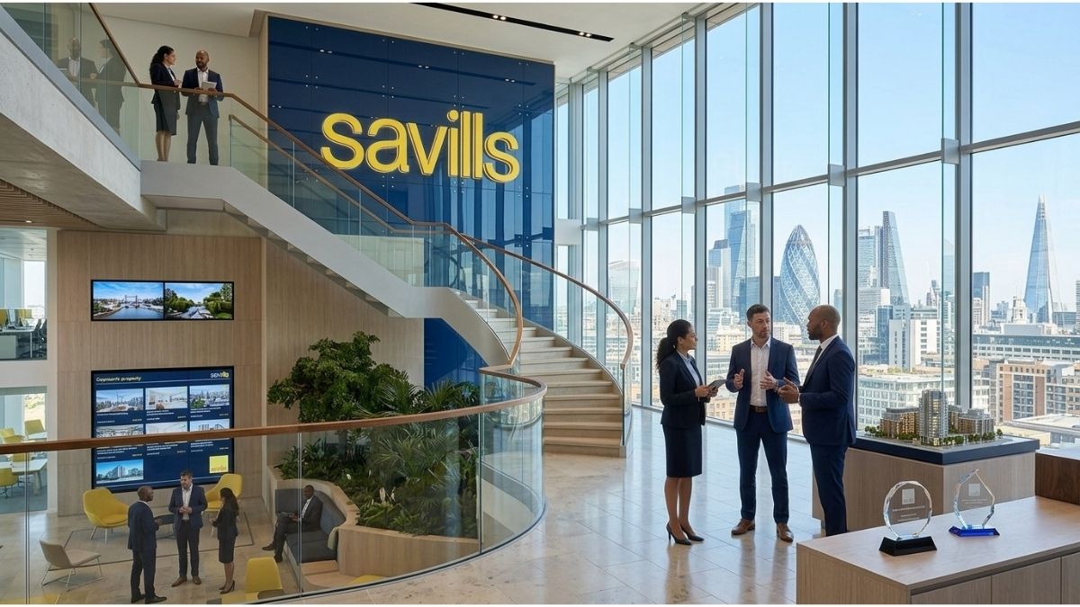 Savills office in London with property professionals and city skyline view