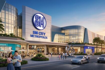 SM City Metroplex shopping mall with retail stores, restaurants, palm trees and visitors