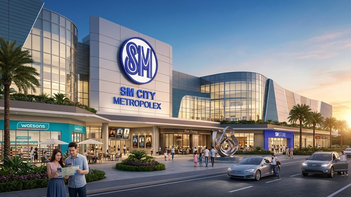 SM City Metroplex shopping mall with retail stores, restaurants, palm trees and visitors