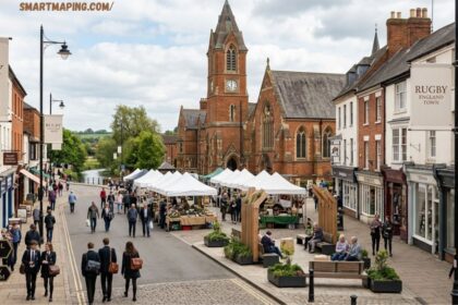 Pedestrians browsing an outdoor street market in Rugby England town surrounded by historic brick buildings.