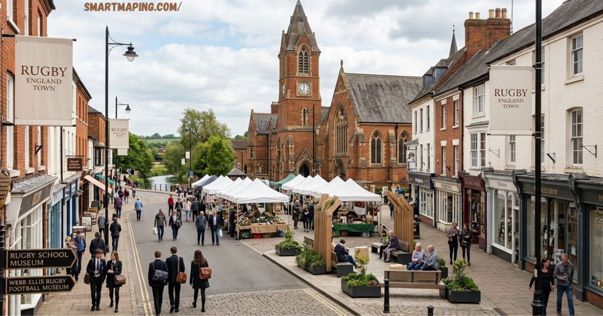 Pedestrians browsing an outdoor street market in Rugby England town surrounded by historic brick buildings.