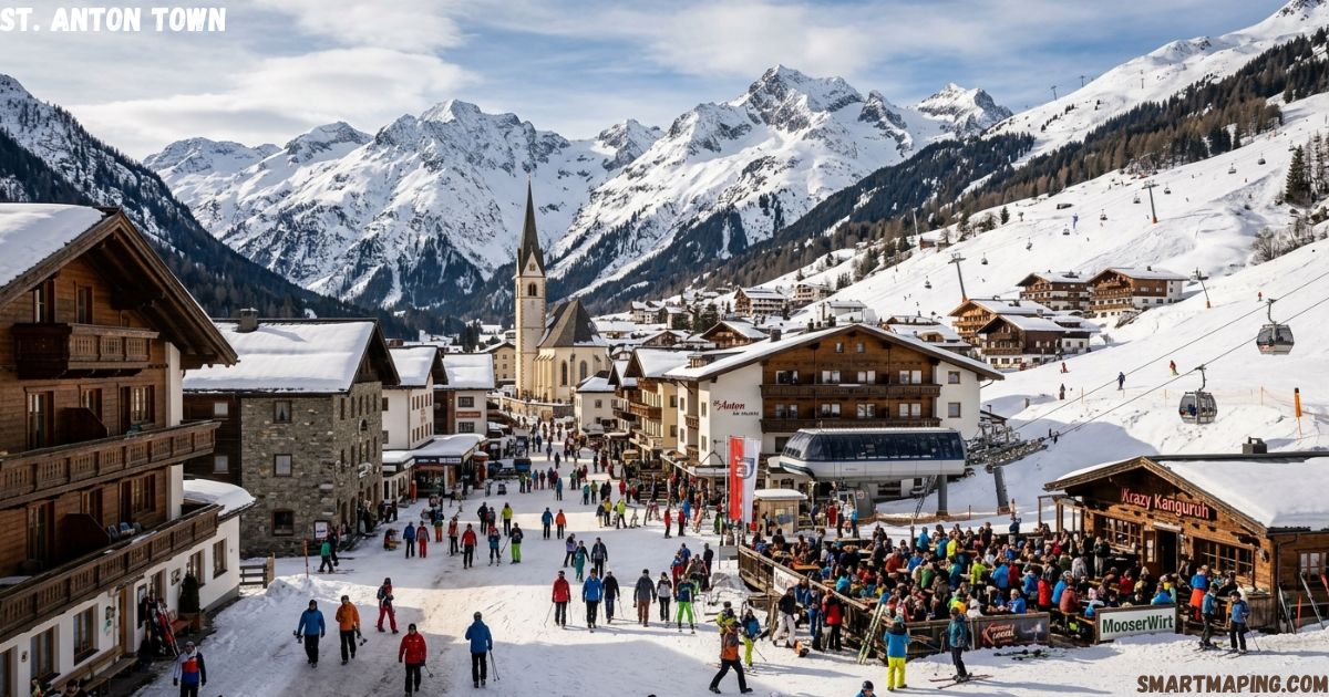 Snowy Alpine ski village of St. Anton featuring traditional chalets, a church steeple, ski lifts, and people gathered outdoors under majestic, snow-capped mountain peaks.