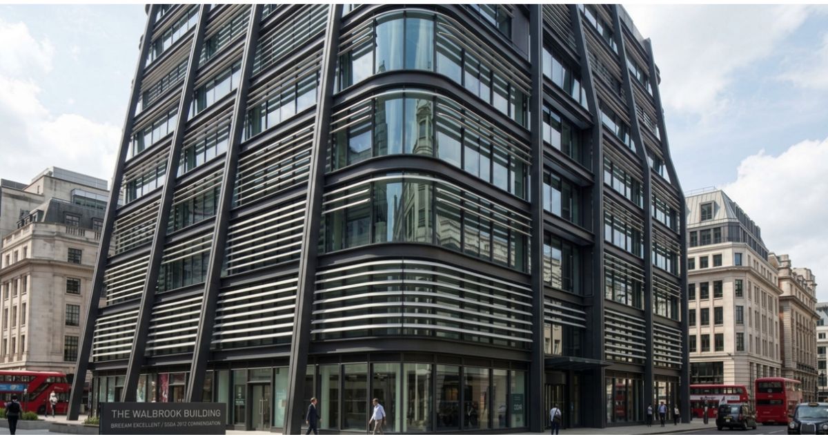 The Walbrook Building, a modern office building in central London with glass façades, pedestrians, and red double-decker buses.