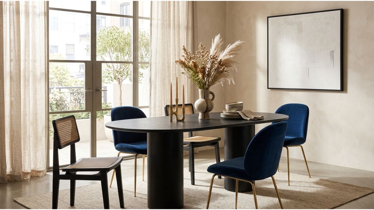 Black BD Studio Belle oval dining table styled with a ceramic vase and candles surrounded by blue velvet and cane chairs.