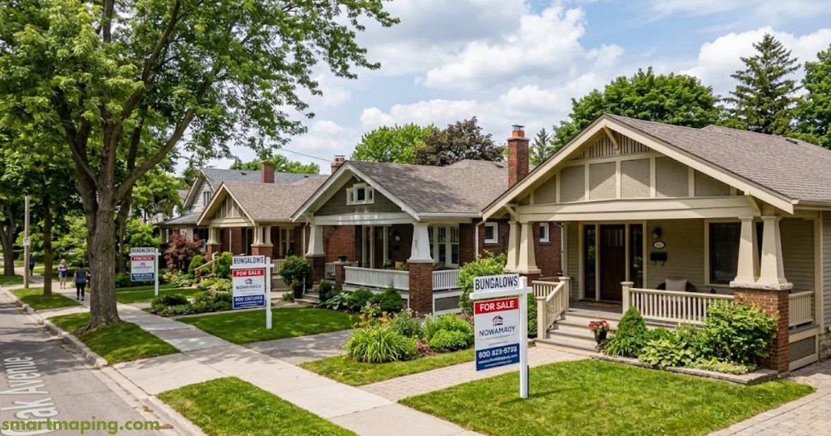Bungalows for sale in a quiet residential neighborhood with landscaped gardens and tree-lined streets.