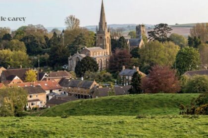Castle Carey, Somerset, England, viewed from a grassy hillside