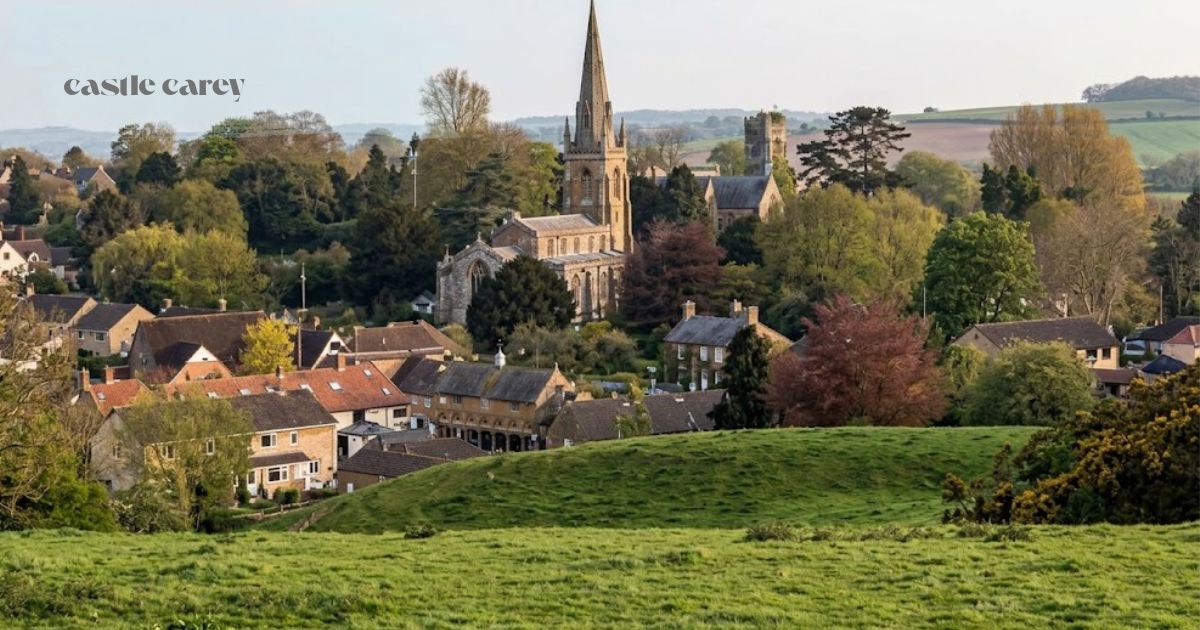 Castle Carey, Somerset, England, viewed from a grassy hillside