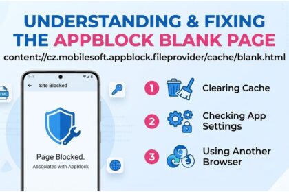 content://cz.mobilesoft.appblock.fileprovider/cache/blank.html Diagram explaining how to fix AppBlock blank page error by clearing cache and checking app settings