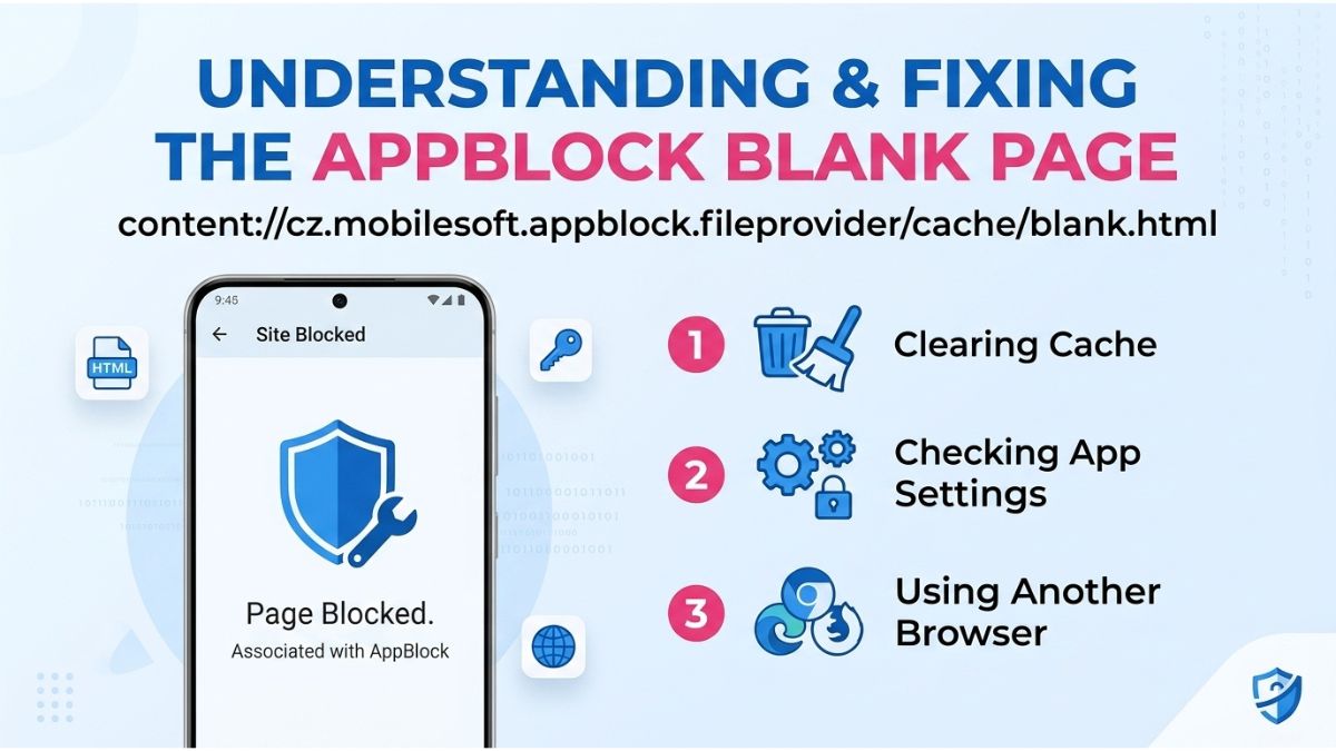 content://cz.mobilesoft.appblock.fileprovider/cache/blank.html Diagram explaining how to fix AppBlock blank page error by clearing cache and checking app settings