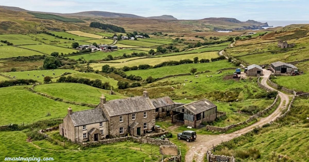 Farms for sale UK featuring rural farmland, open fields, and countryside property.