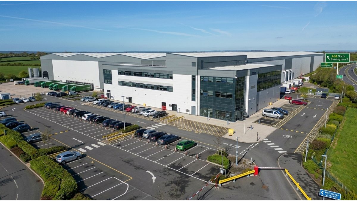 Aerial view of a large commercial logistics building and car park at Fradley Park, Staffordshire.